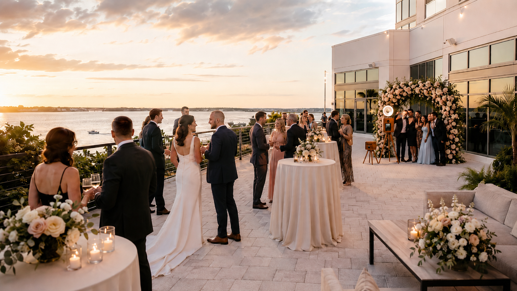 A luxury photo booth at a waterfront wedding at The Current Hotel in Tampa.
